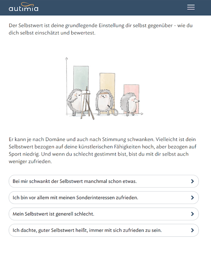 Screenshot aus autimia: Dialog über Selbstwert mit vier Antwortmöglichkeiten