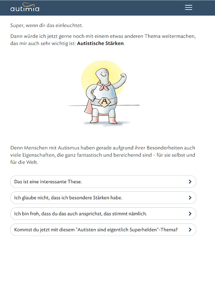 Screenshot aus autimia: Dialog über autistische Stärken mit vier Antwortmöglichkeiten